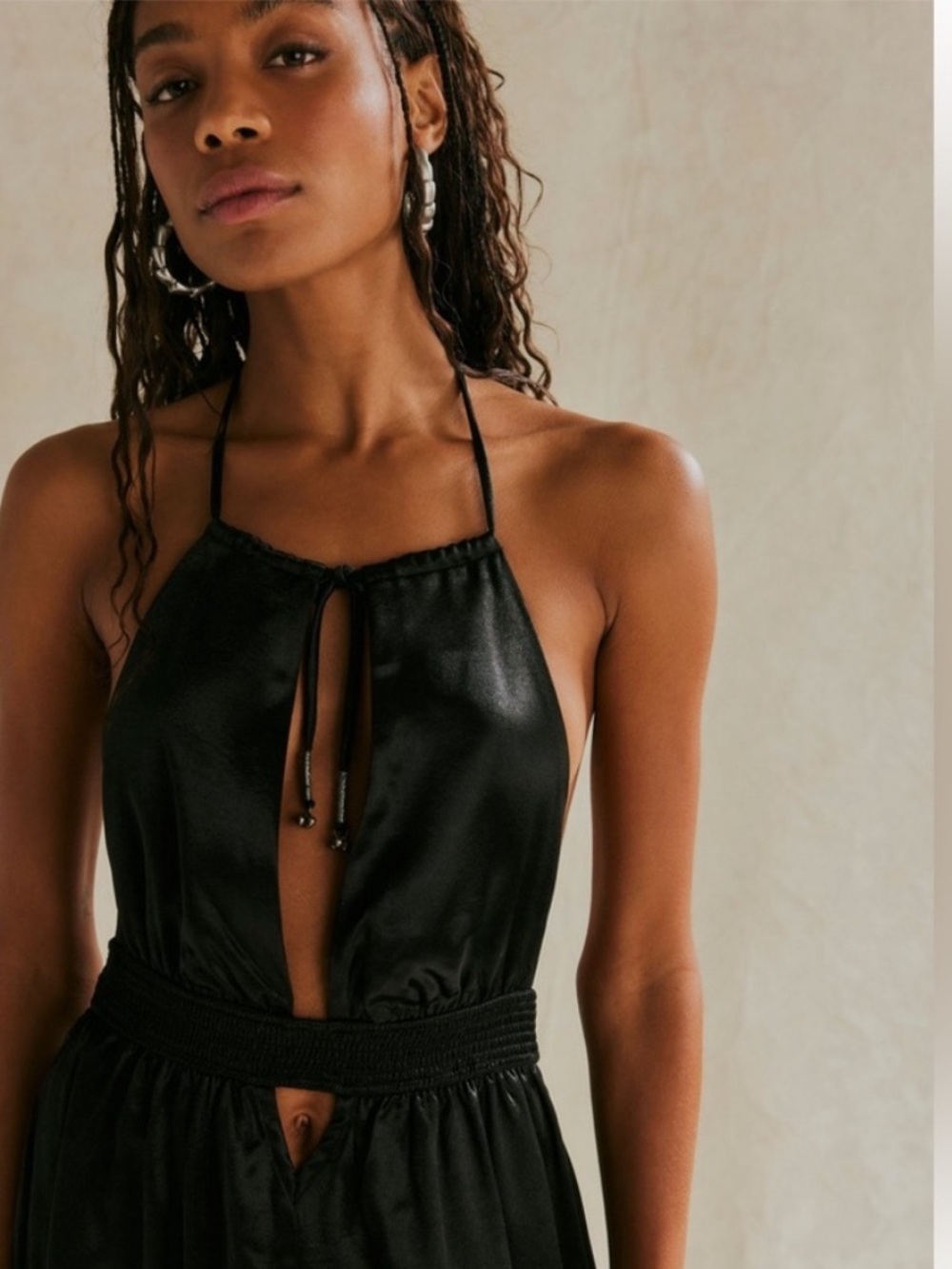 Free People Look Into The Sun Satin Cutouts Halter Gown Maxi Dress Black XS - Picture 3 of 12